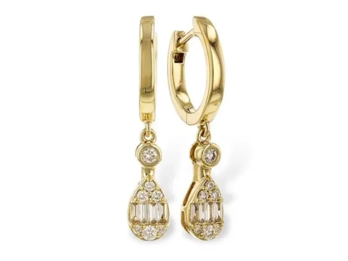 Gold hoop earrings with diamond drops