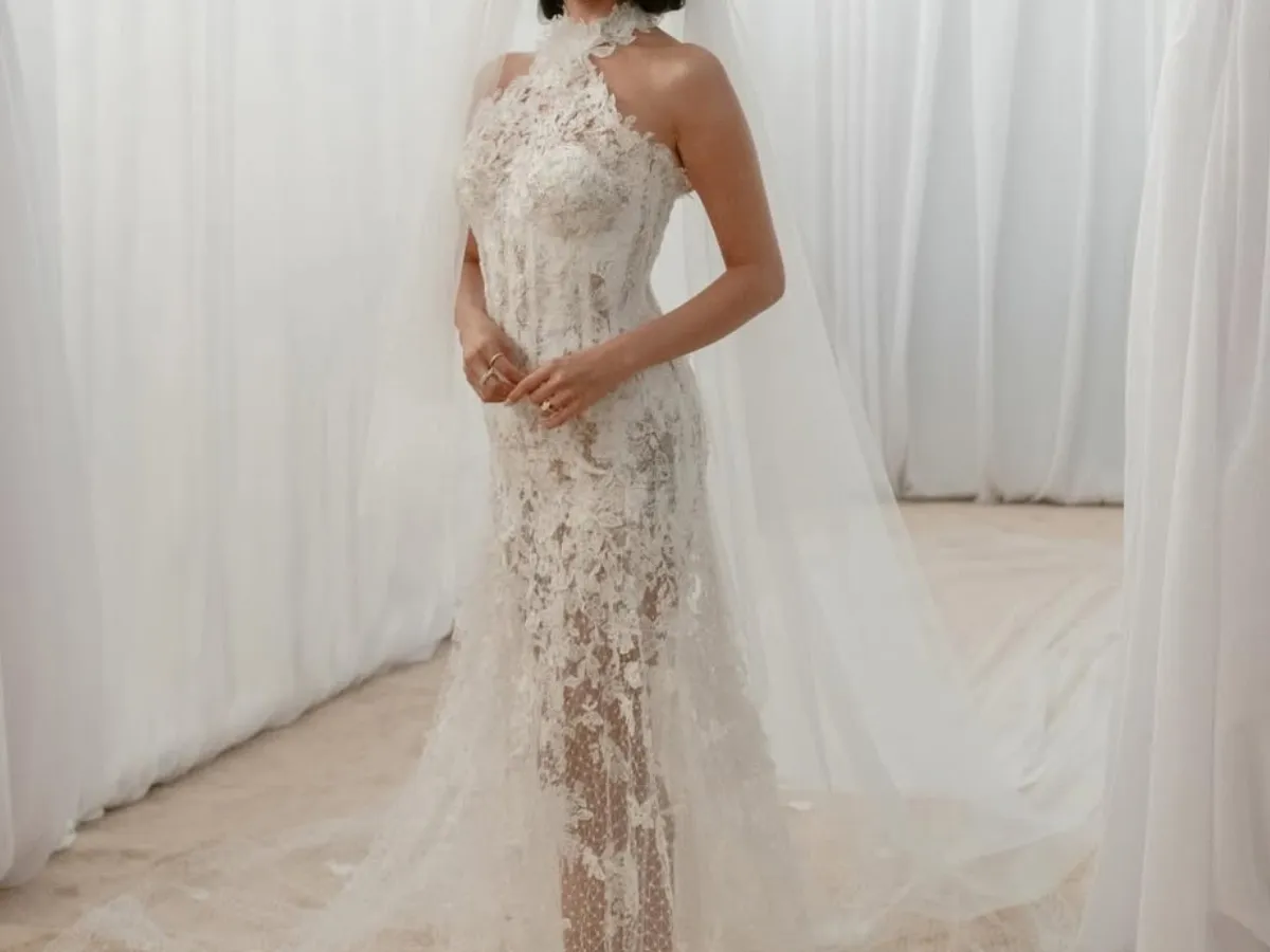 Lace halter wedding dress with veil