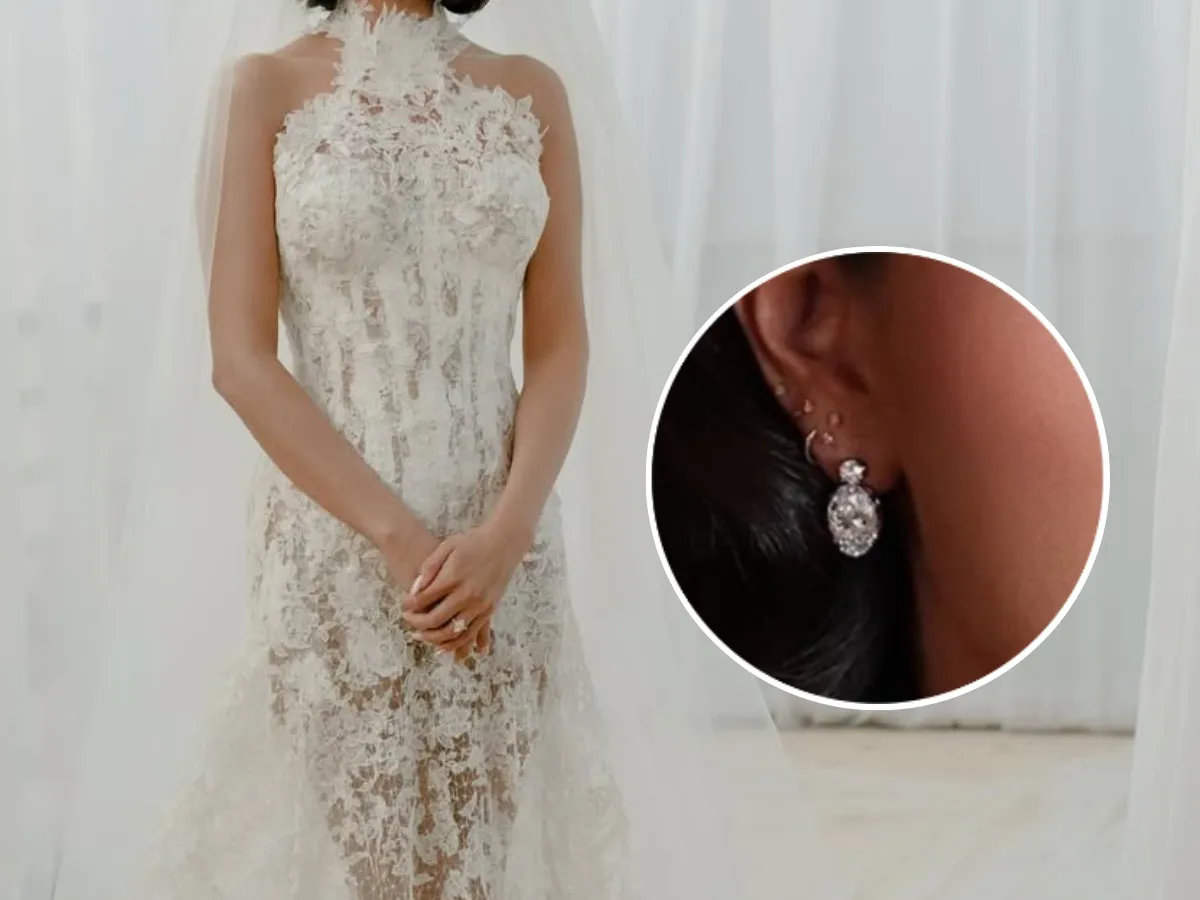 Lace wedding dress with diamond earrings