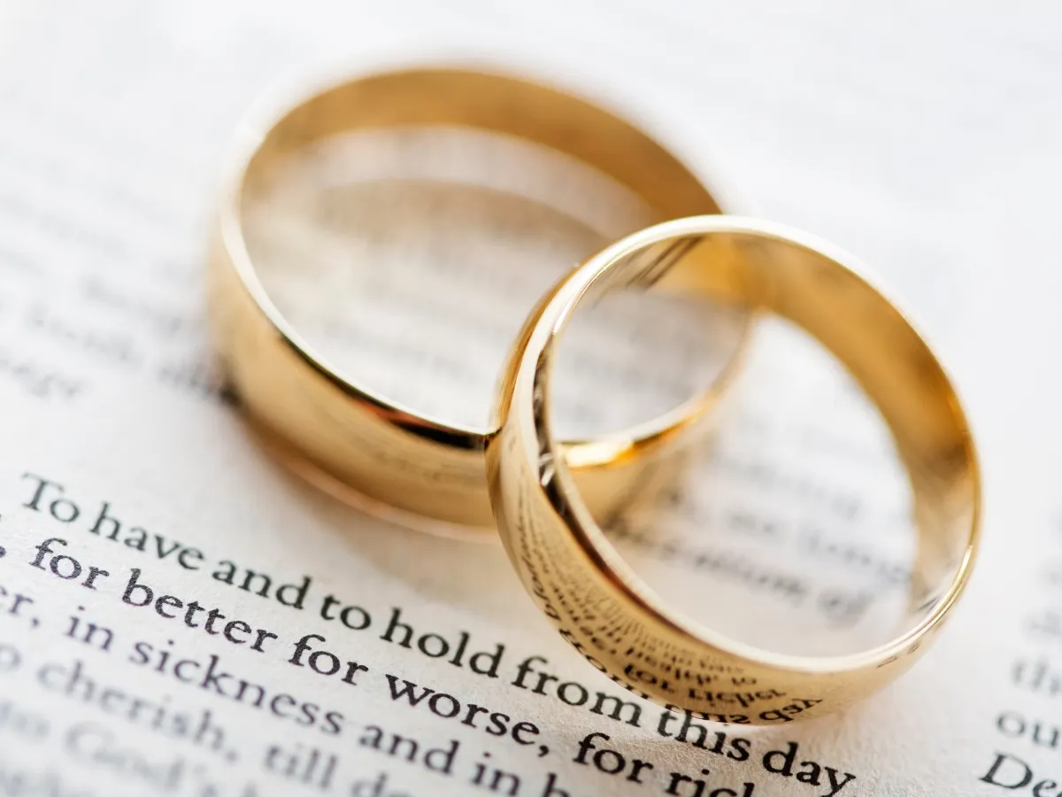 Gold wedding rings on vow page
