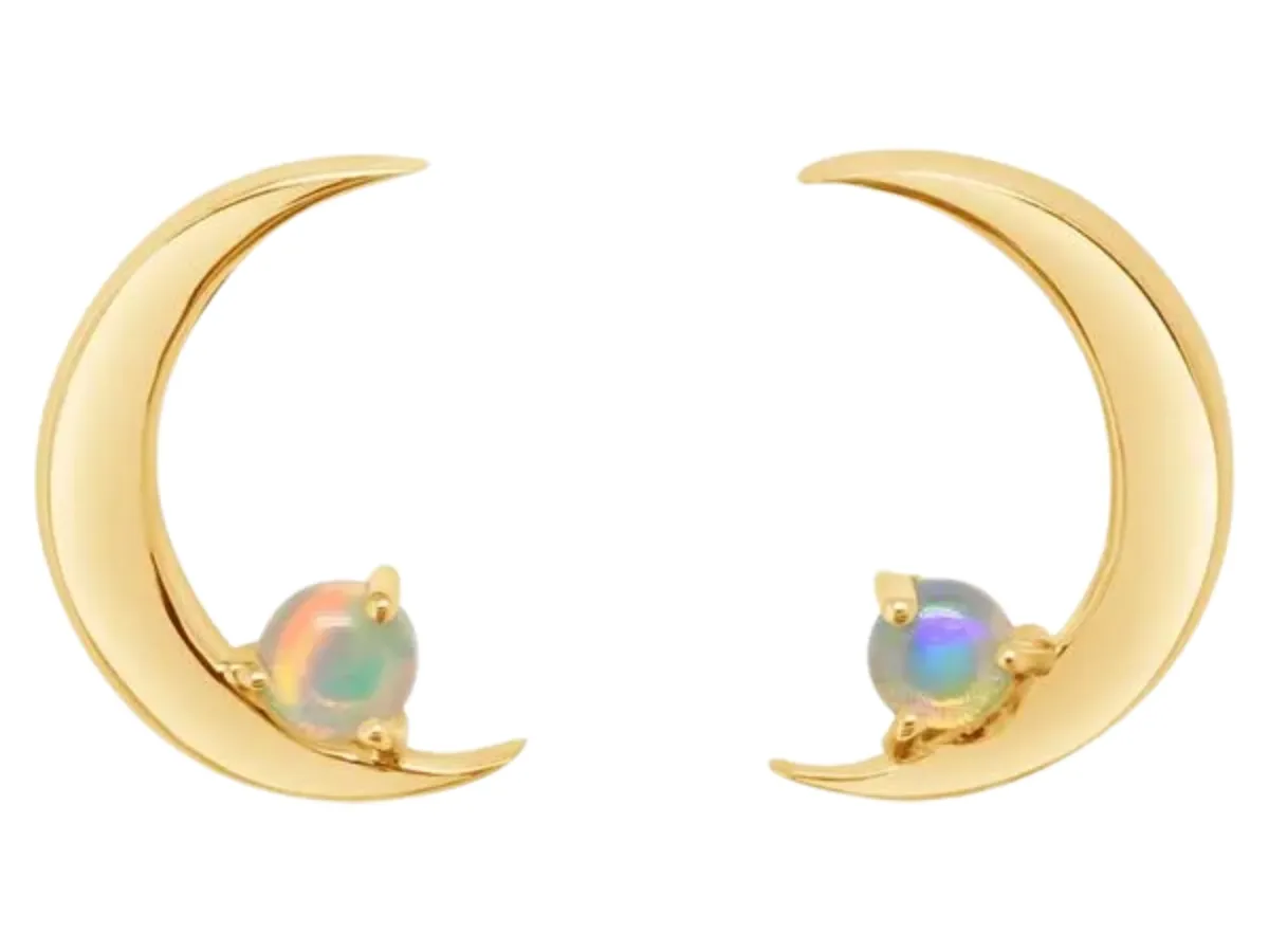 Gold crescent moon opal earrings