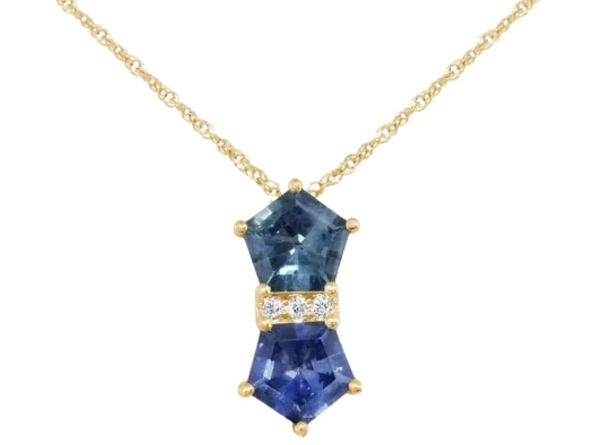 Gold necklace with blue hexagon gemstones