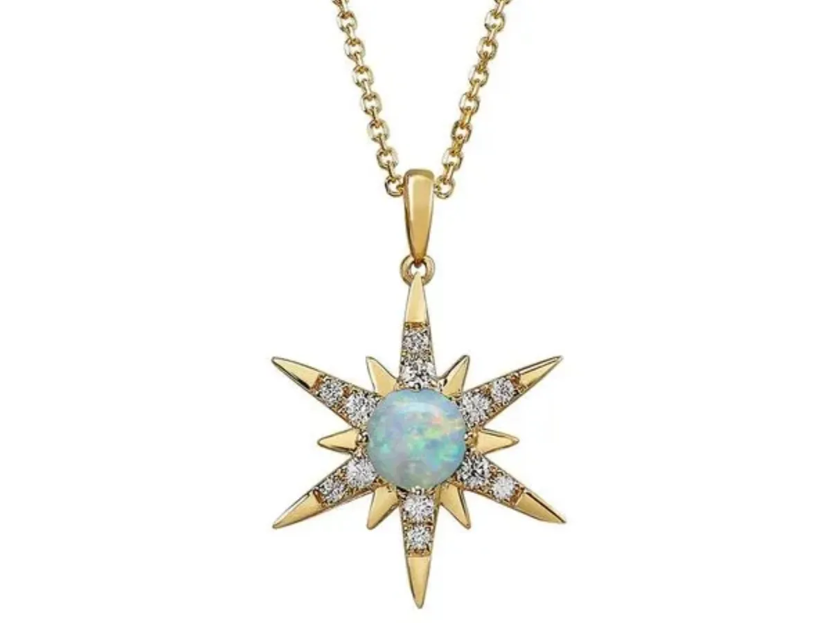 Gold starburst necklace with opal center