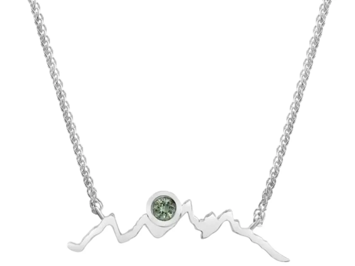 Silver mountain necklace with green gemstone