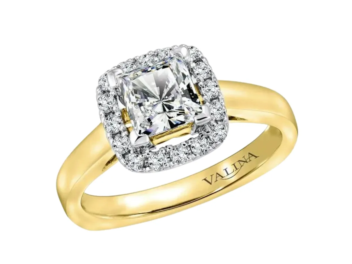 Cushion cut diamond halo engagement ring