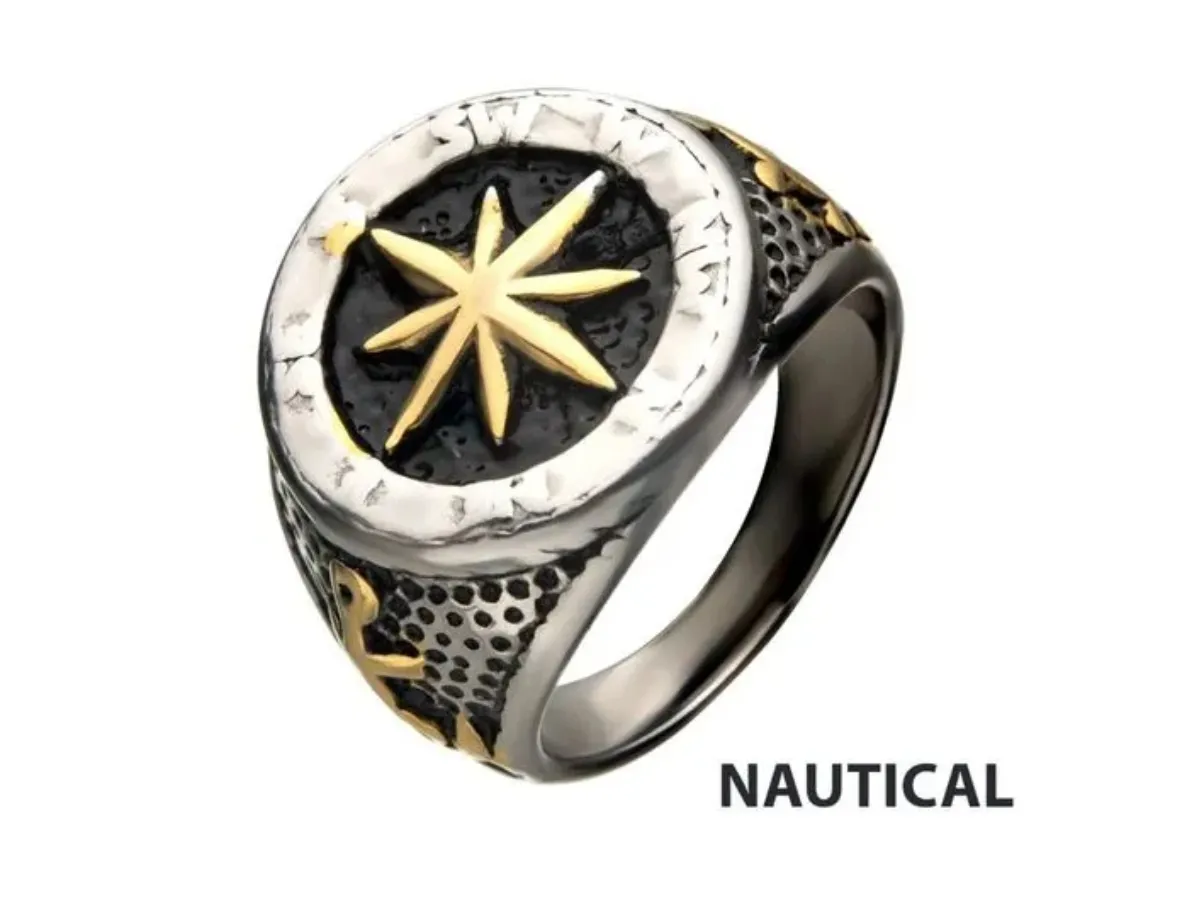 Nautical compass star men's ring