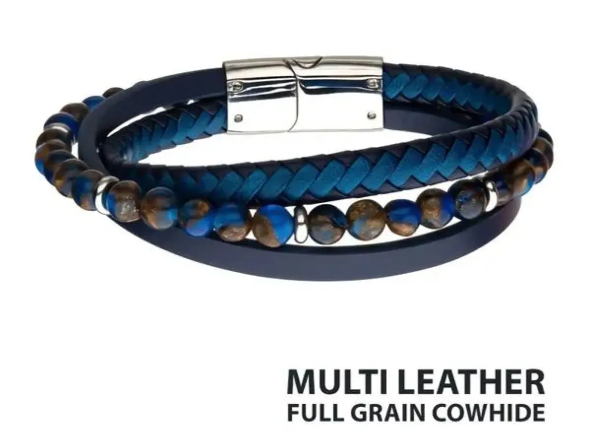 Blue leather and bead bracelet