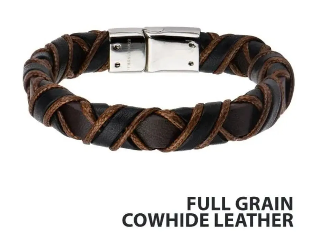 Braided brown cowhide leather bracelet