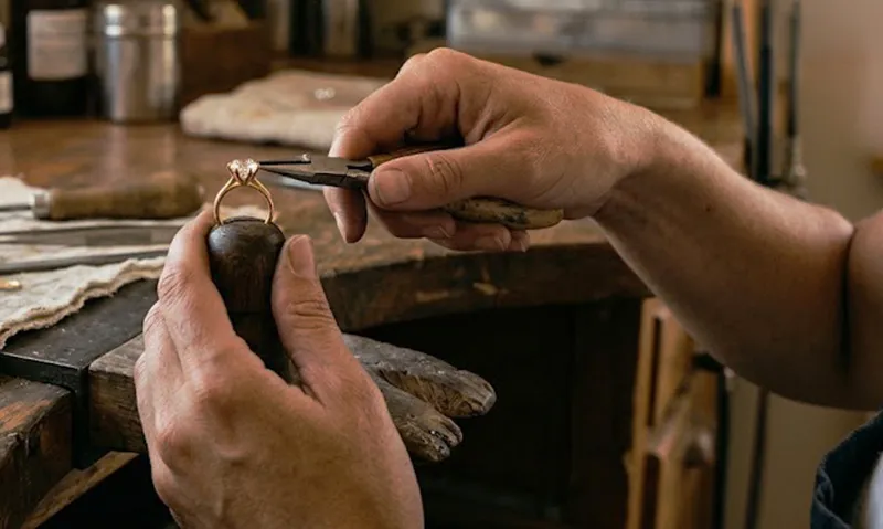 Jeweler setting a diamond ring at the workbench