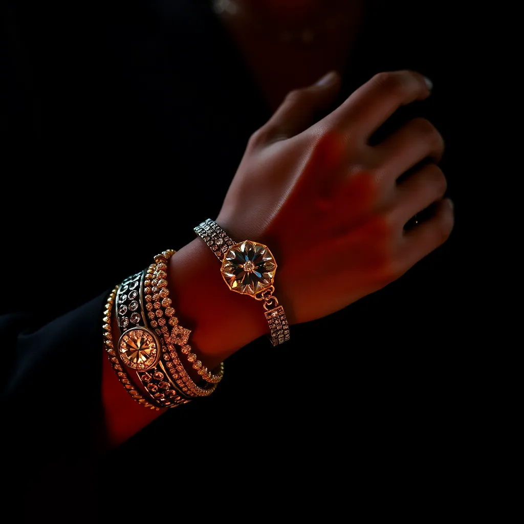 Elegant person wearing multiple luxurious bracelets, dark moody lighting, high-end jewelry lifestyle photography