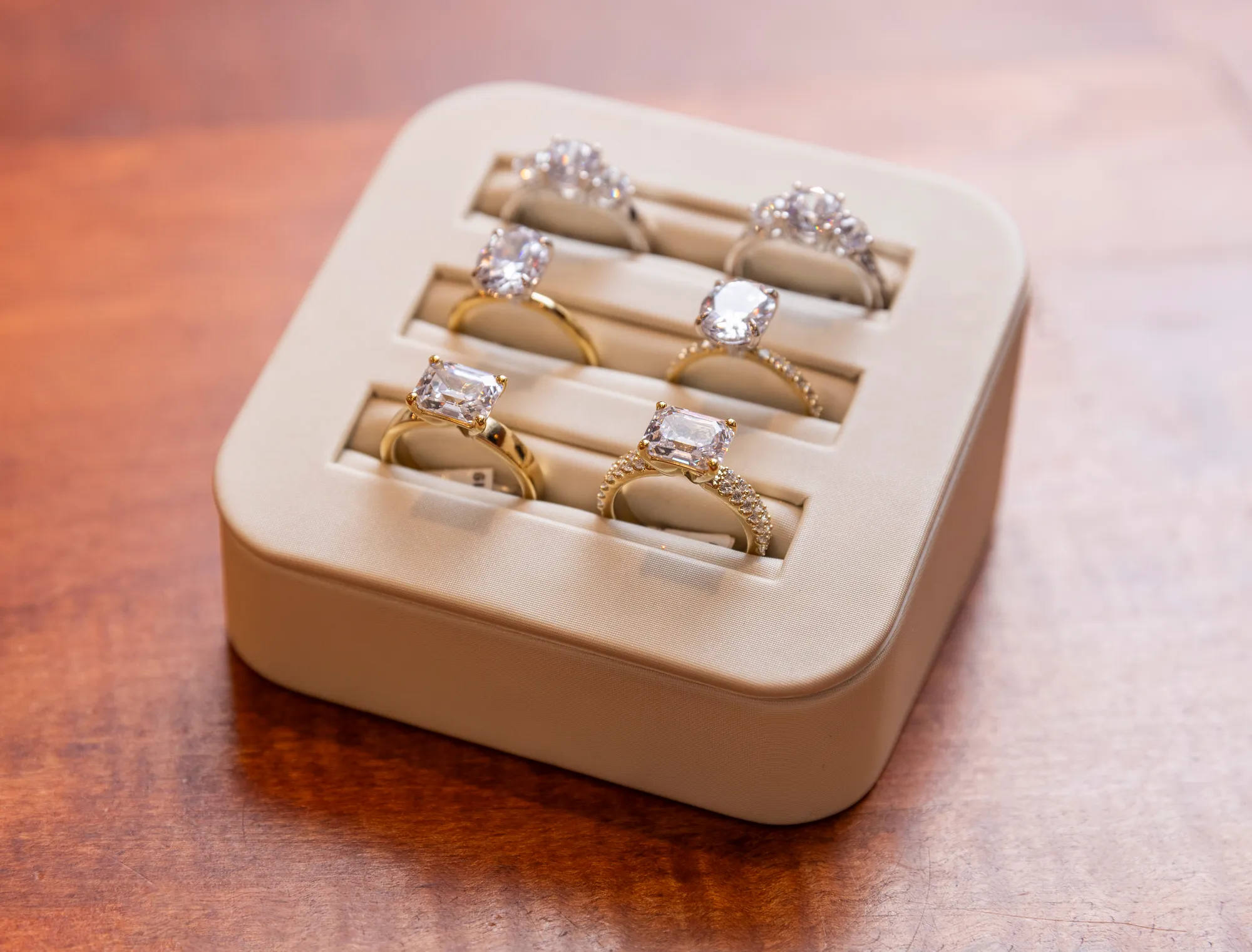 Diamond rings displayed in a ring tray at Kirk & Company Jewelers