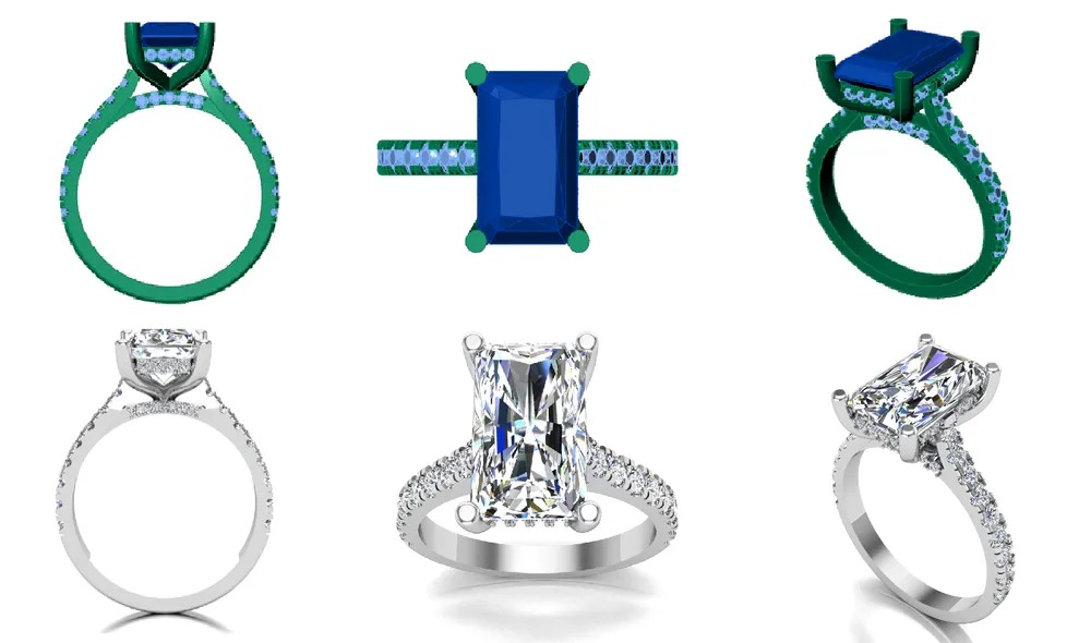 CAD renderings of custom ring designs in multiple gemstone colors