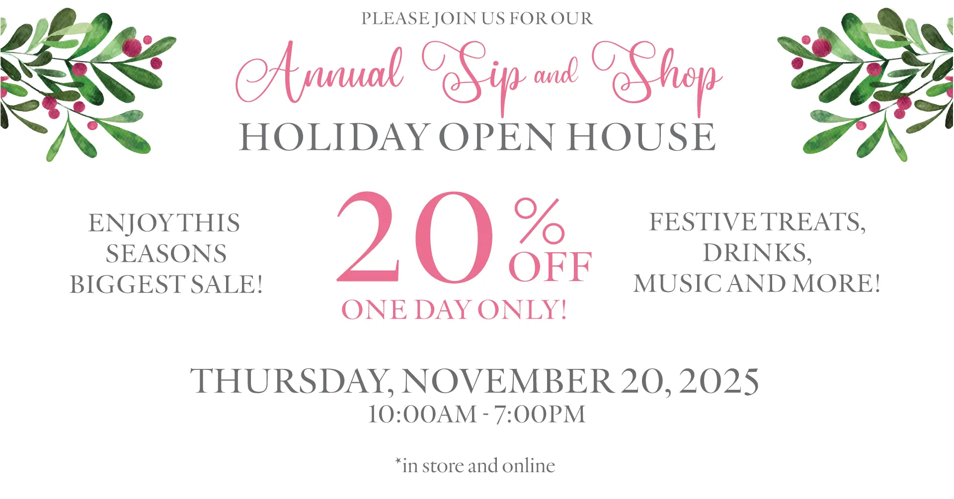  Come shop with us Thursday 11/20 from 10am-7pm for our Annual Sip and Shop Holiday Open House. We are offering 20% off STORE WIDE this one day only! Let us help you check some items off your Christmas list while you enjoy some festive treats and drinks, music and more! Financing options also available! Koerbers Fine Jewelry Inc New Albany, IN