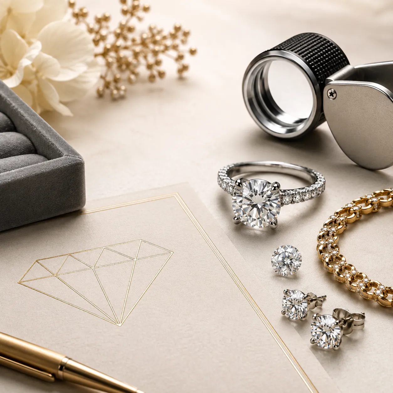 Elegant jewelry display with diamond ring, earrings, bracelet, and loupe on a soft background.