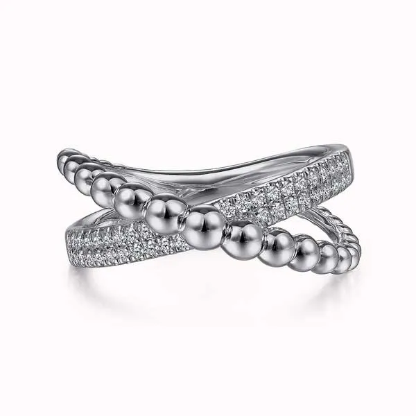 Stylish silver ring with beaded and diamond bands. Explore fashion rings.