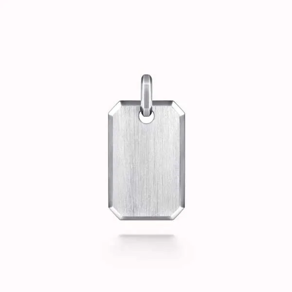 Silver rectangular pendant with beveled edges and a loop for a chain. Explore Men's Jewelry.