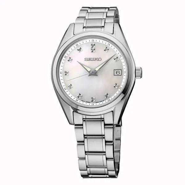 Silver watch with a mother-of-pearl dial and date display. Click to explore watches.