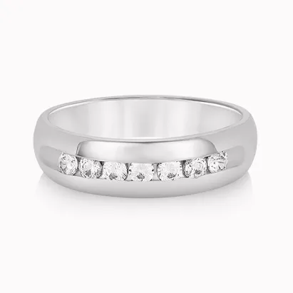 Men's diamond band ring with a polished silver finish and a row of sparkling diamonds.