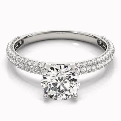 Elegant diamond engagement ring with a round center stone and pave-set diamonds on the band.