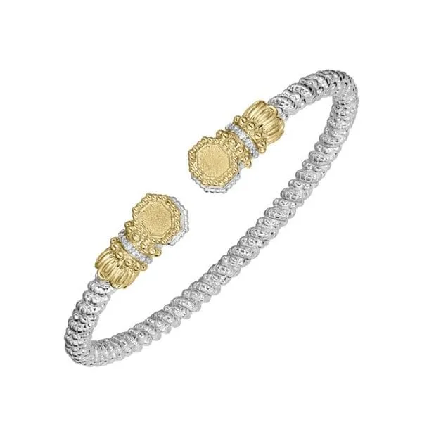 Vahan Sterling Silver And 14 Karat Yellow Gold 0.08Ctw Diamond Engraveable Open Band Bangle Bracelet