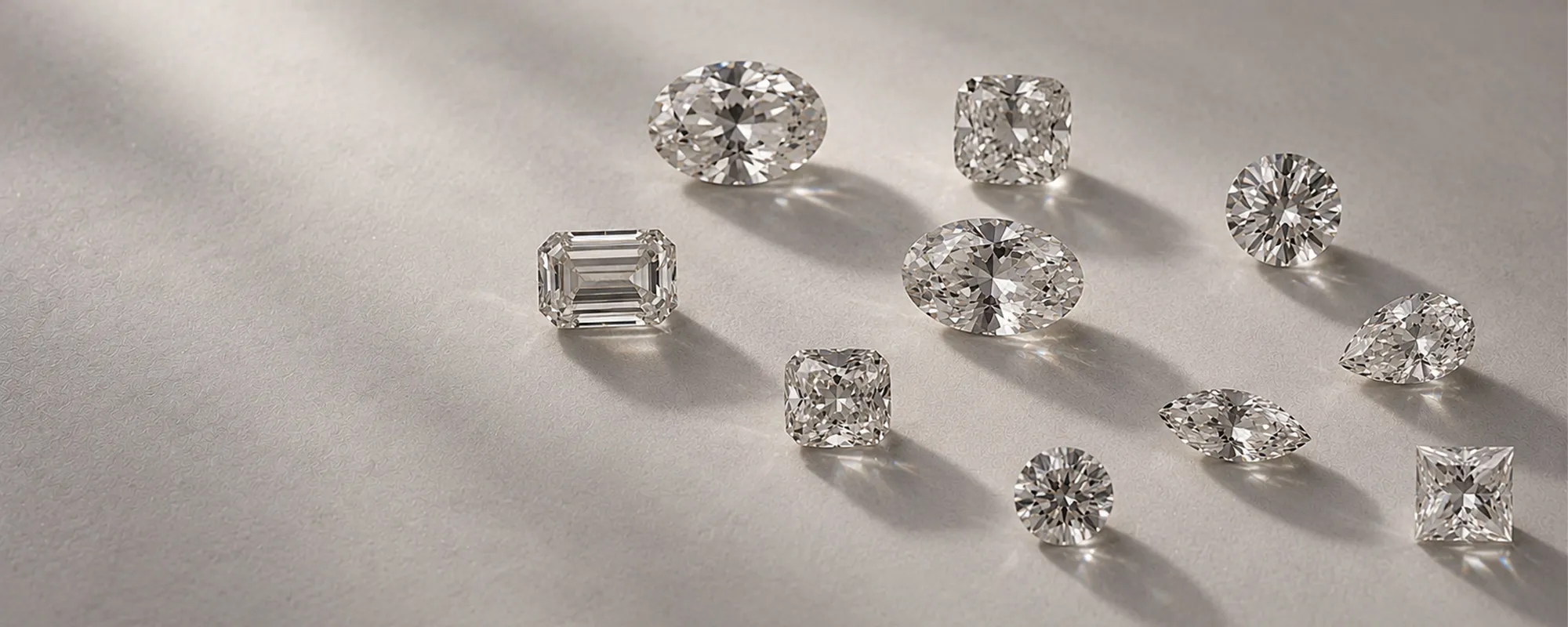 Various shapes of sparkling natural diamonds are elegantly displayed on a soft gray surface.
