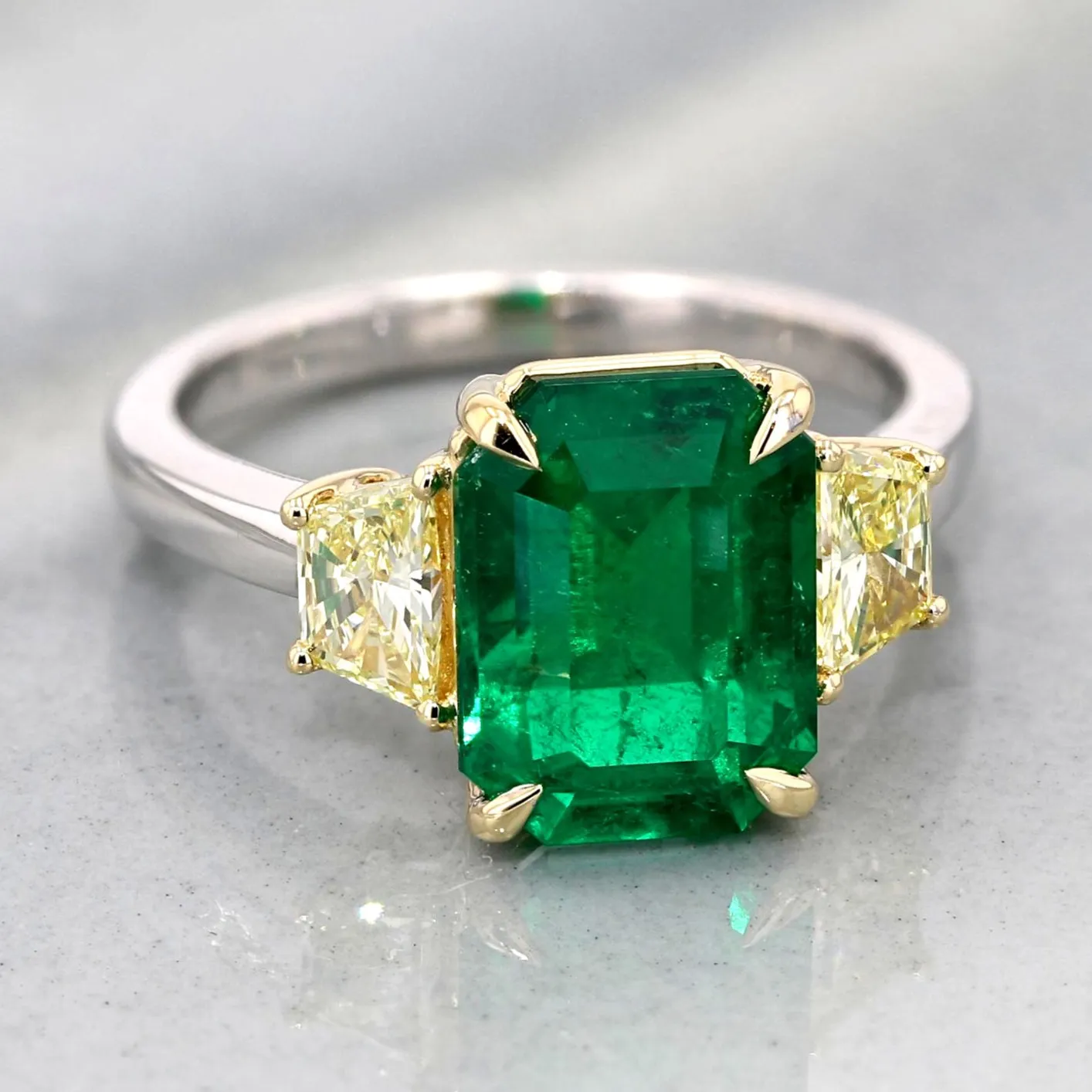 Emerald Gemstone and Trapezoid Yellow Diamond Three Stone Ring  La Mine dOr Moncton, NB