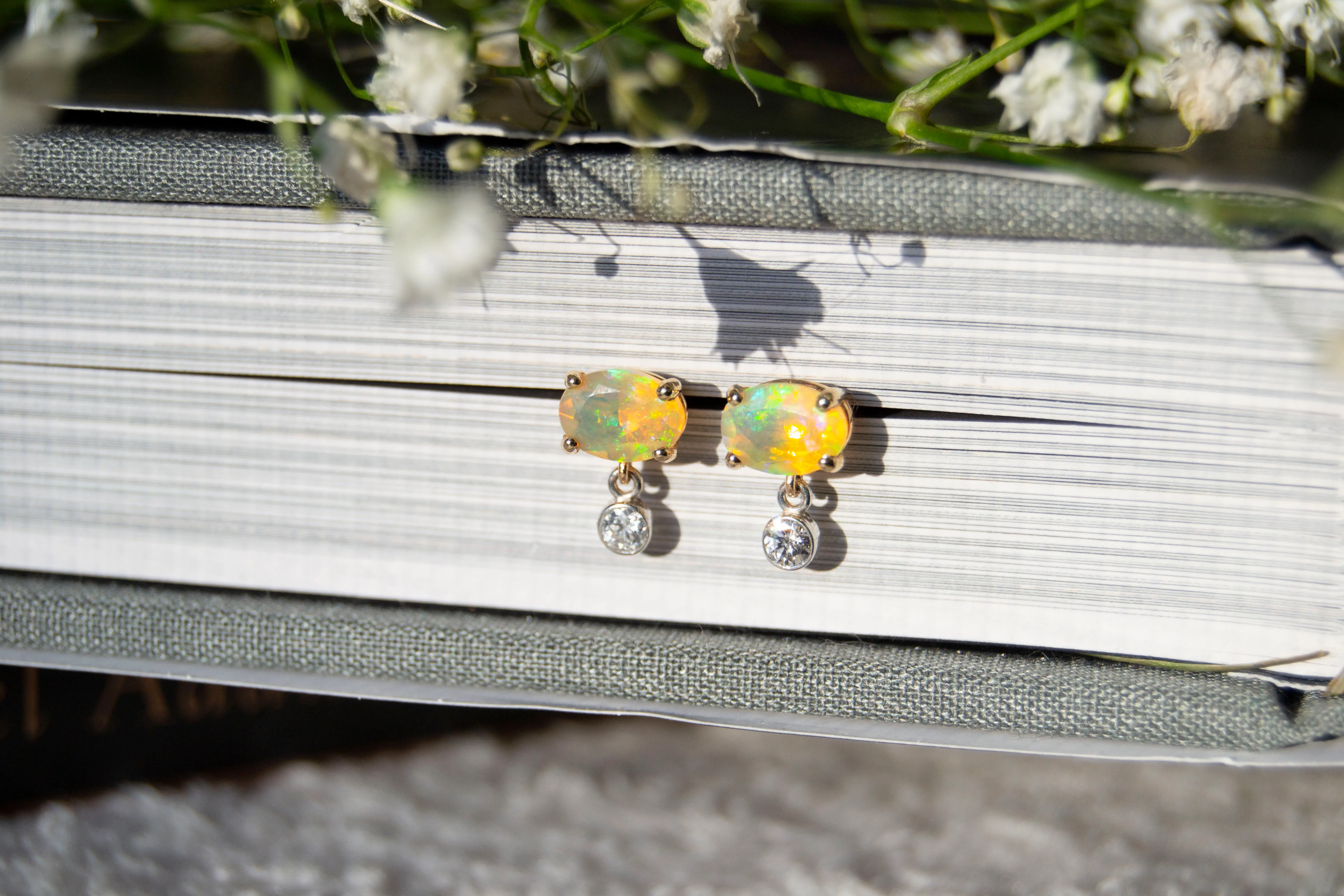 white gold diamond opal dangles