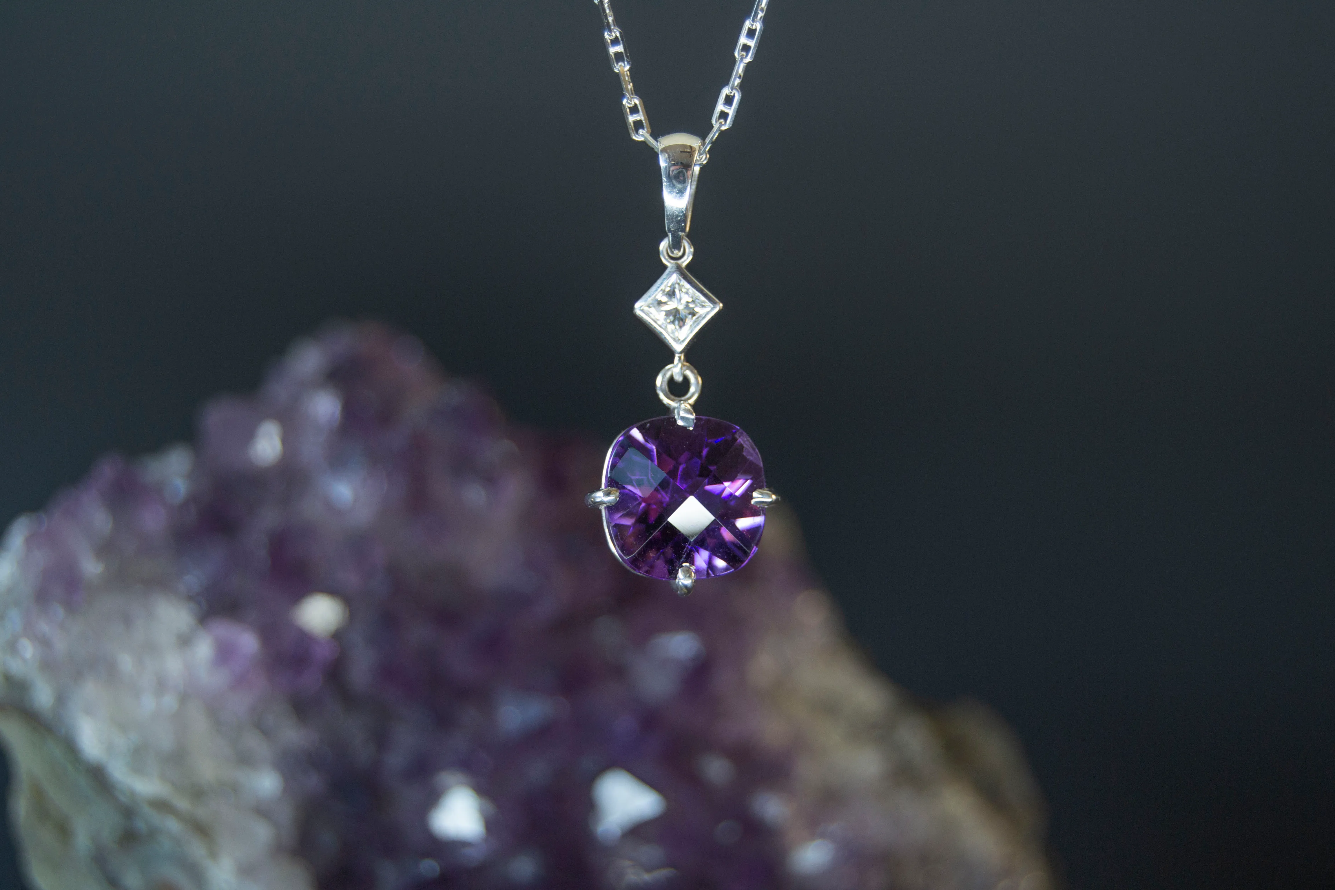 white gold amethyst and diamond pendant