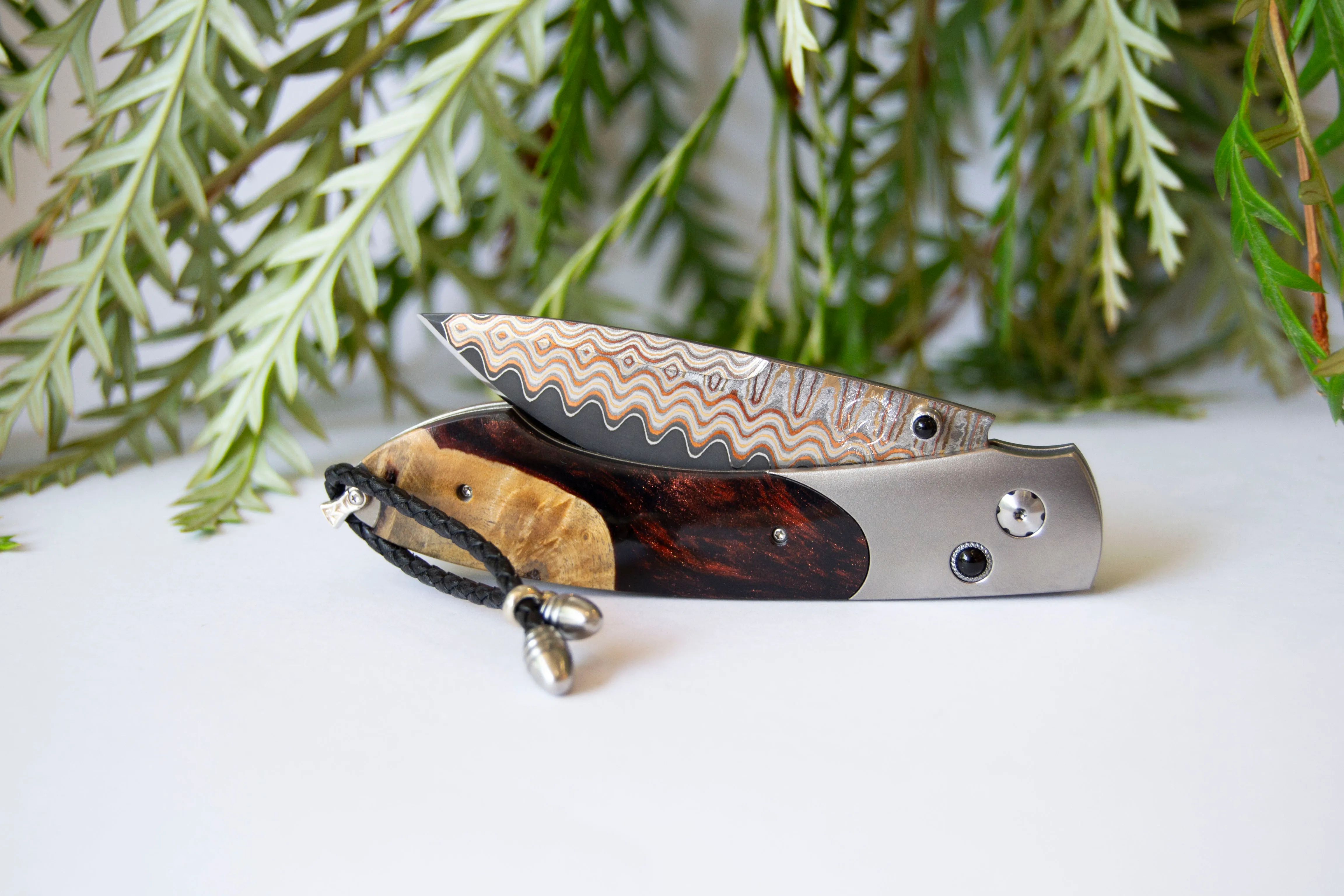William Henry shokwood and copper wave damascus knife