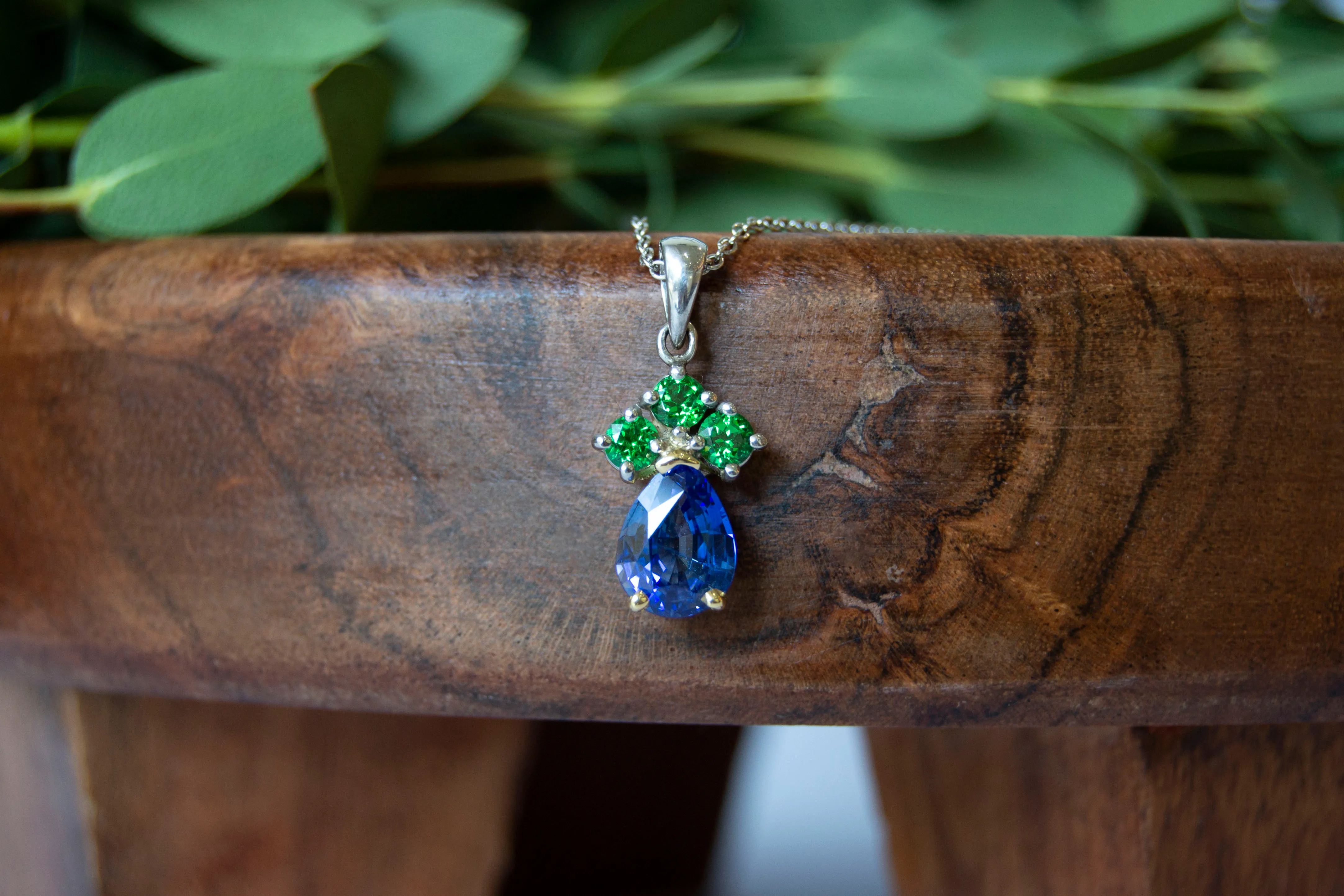 two tone platinum and yellow gold sapphire and tsavorite pendant