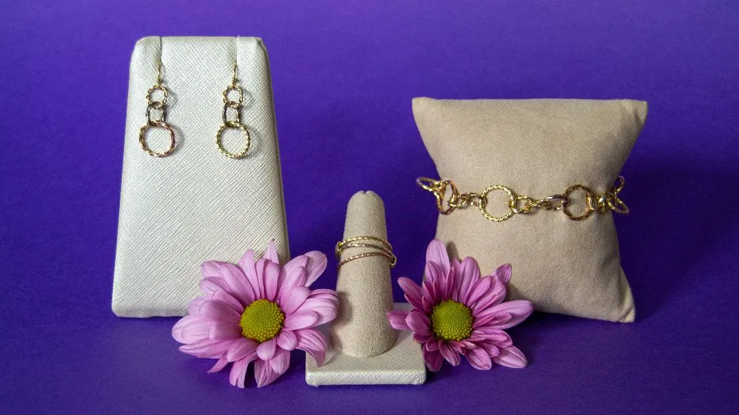 Quad Color Bracelet, Earring, and Ring Set in Green gold, yellow gold, rose gold, and white gold at The Diamond Center Claremont