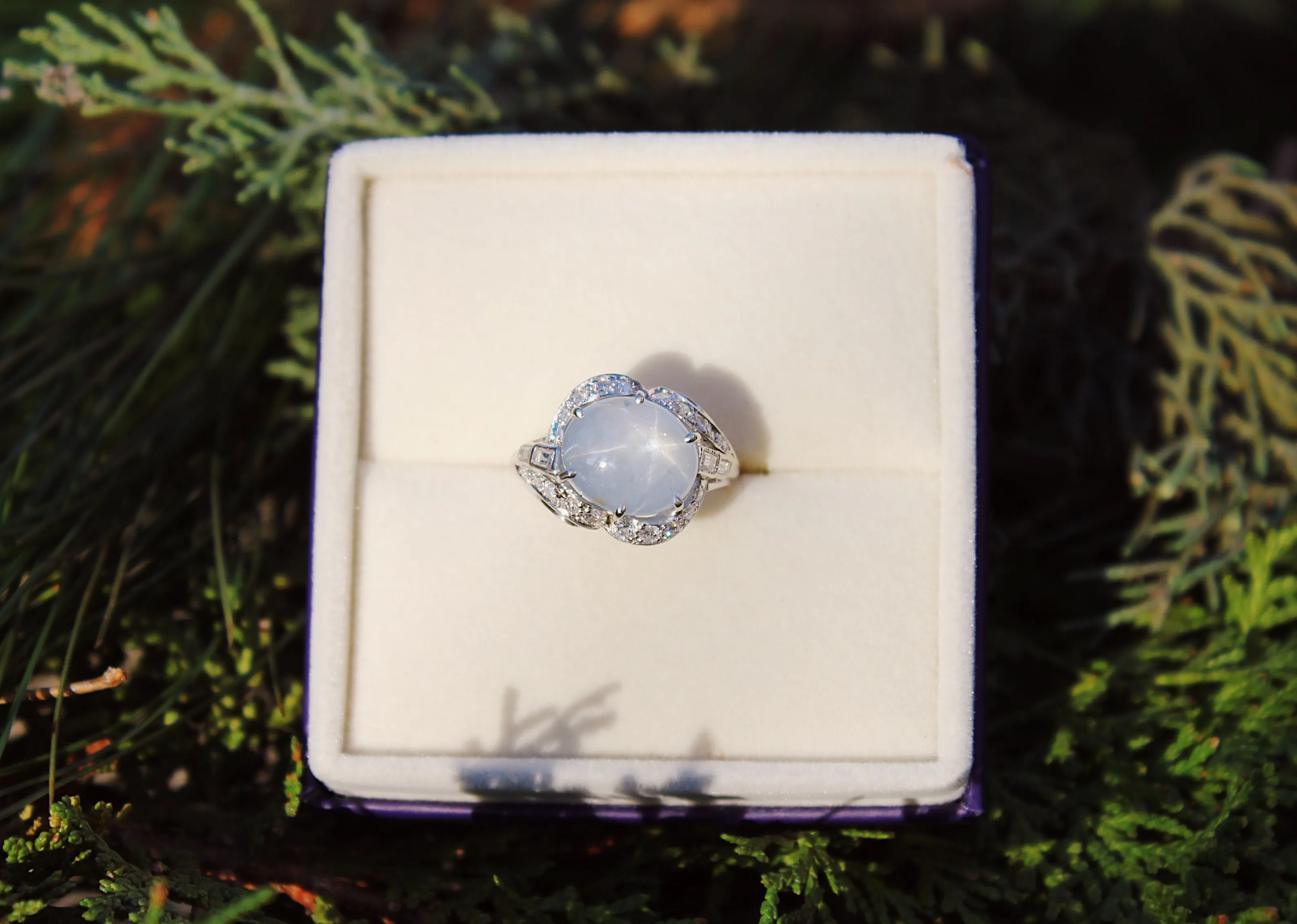 Star Sapphire and Diamond Vintage Ring This glorious ring pairs its vintage setting with a magnificent star sapphire! Its clear, shining star breaks through the cloudy blue sky, surrounded by its beautiful diamond setting. The Diamond Center Claremont, CA