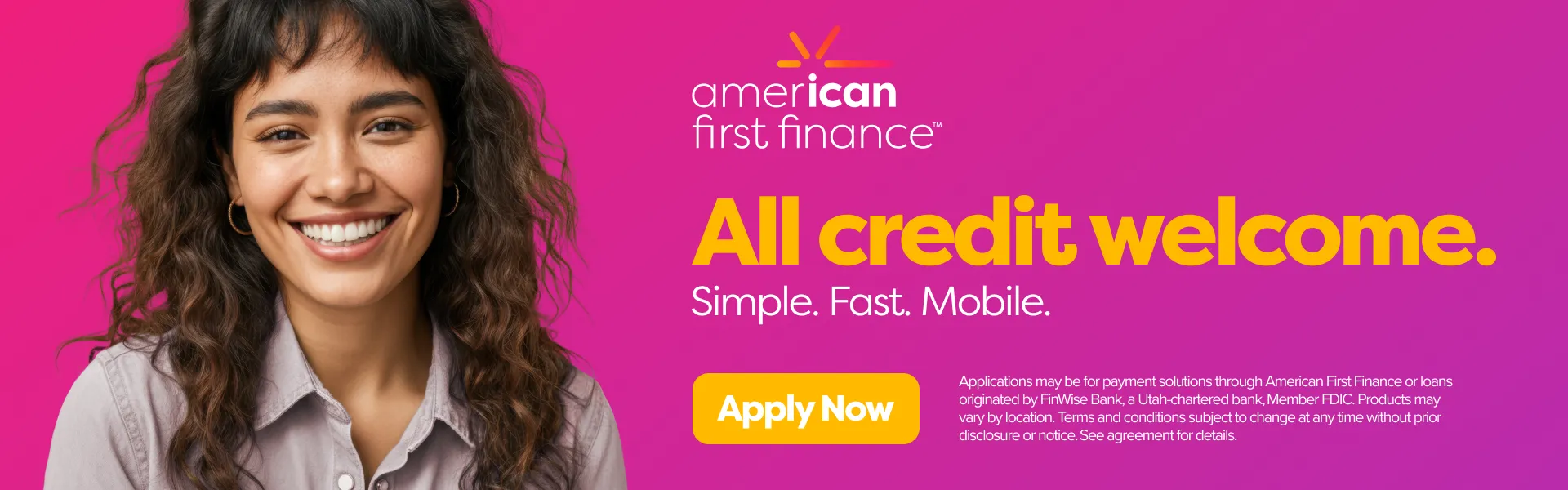 Couple enjoying coffee together, promoting American First Finance's credit solutions. Click to apply now.