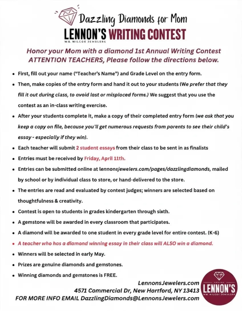  1. There is no entry fee for contests and it is one entry per person.2. Odds of winning are based on the number of eligible entries received.&nbsp;3. Winners are solely responsible for claiming their prize and/or fulfilling travel arrangements.4. Listeners are responsible for any prize obligation and must meet all eligibility requirements.&nbsp;5. Lennon&rsquo;s W.B. Wilcox Jewelers reserves the right to end a contest at any time upon their sole discretion.6. Lennon&rsquo;s W.B. Wilcox Jewelers reserves the right to change any promotion and or the promotional elements at any time without notice.7. No cash or substitute prize will be awarded in lieu of the advertised prize. Prizes are non-transferable. If a winner cannot accept the prize as offered, he/she will forfeit the prize.&nbsp;8. Violations of any of these rules or attempts to win any contest by fraud, deception, or cheating shall be grounds for the station to disqualify that individual from participating in all current and future contests and events at the sole discretion of the station, as well as forfeiture of any prize or prizes won by fraudulent means. Lennons W.B. Wilcox Jewelers New Hartford, NY