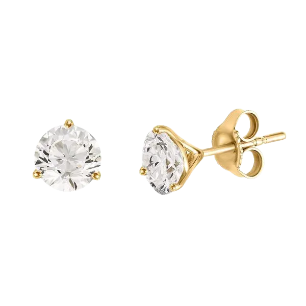 Gold earrings with three diamond studs each, displayed on a white background. Click to view 