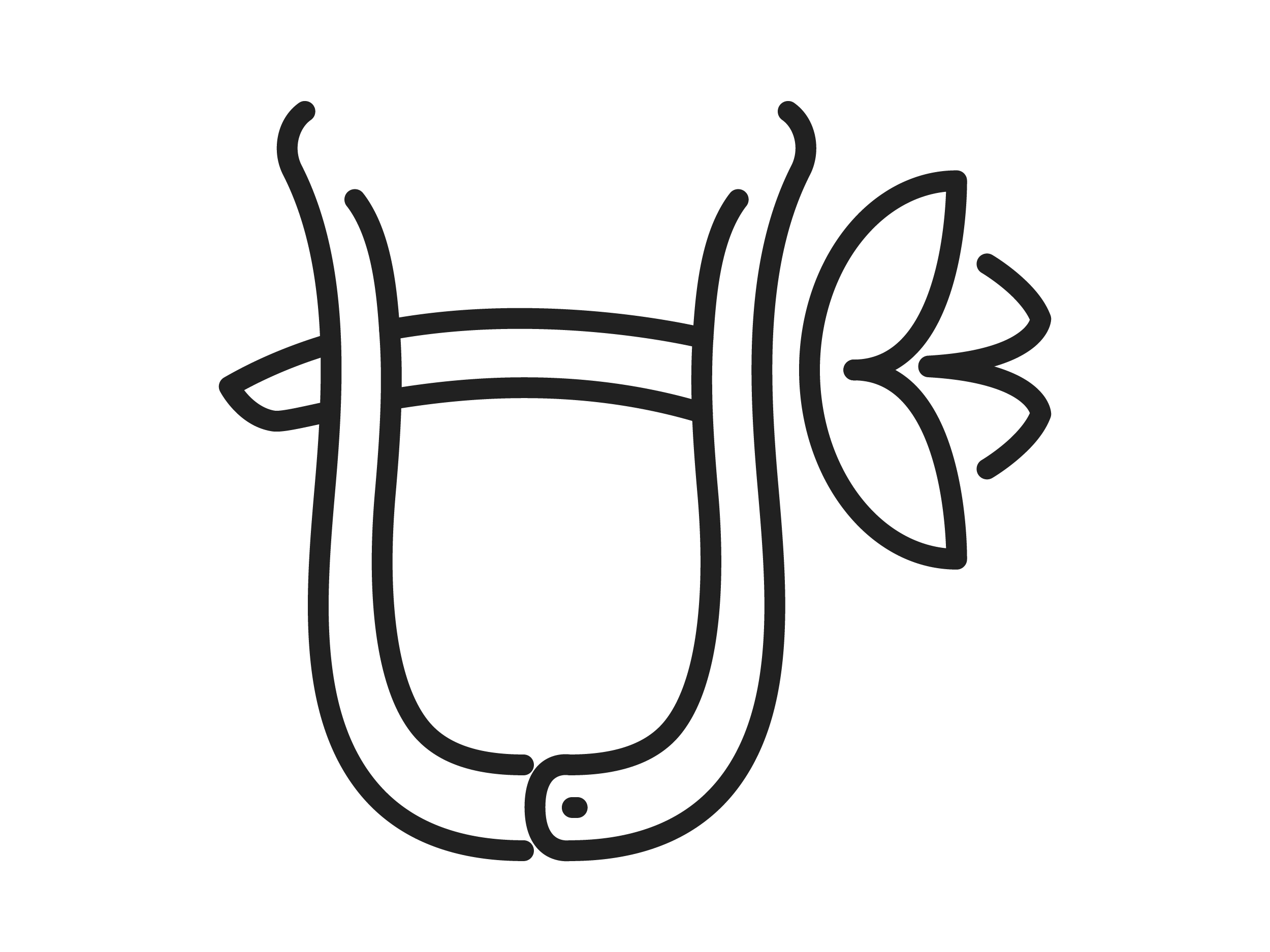 Line art of a lyre with a flower on the side. Click to view outdated pieces.