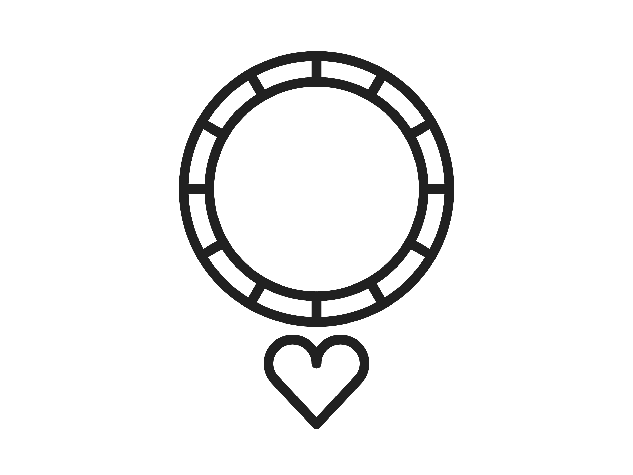 Outlined circle with a heart below. Click to explore fashion rings.