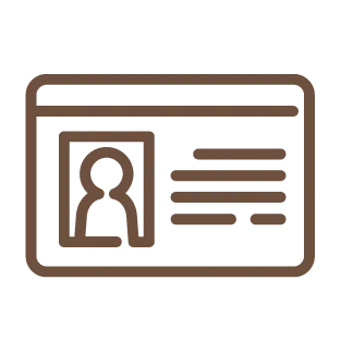 Icon of an ID card with a photo and text lines, indicating valid ID required.