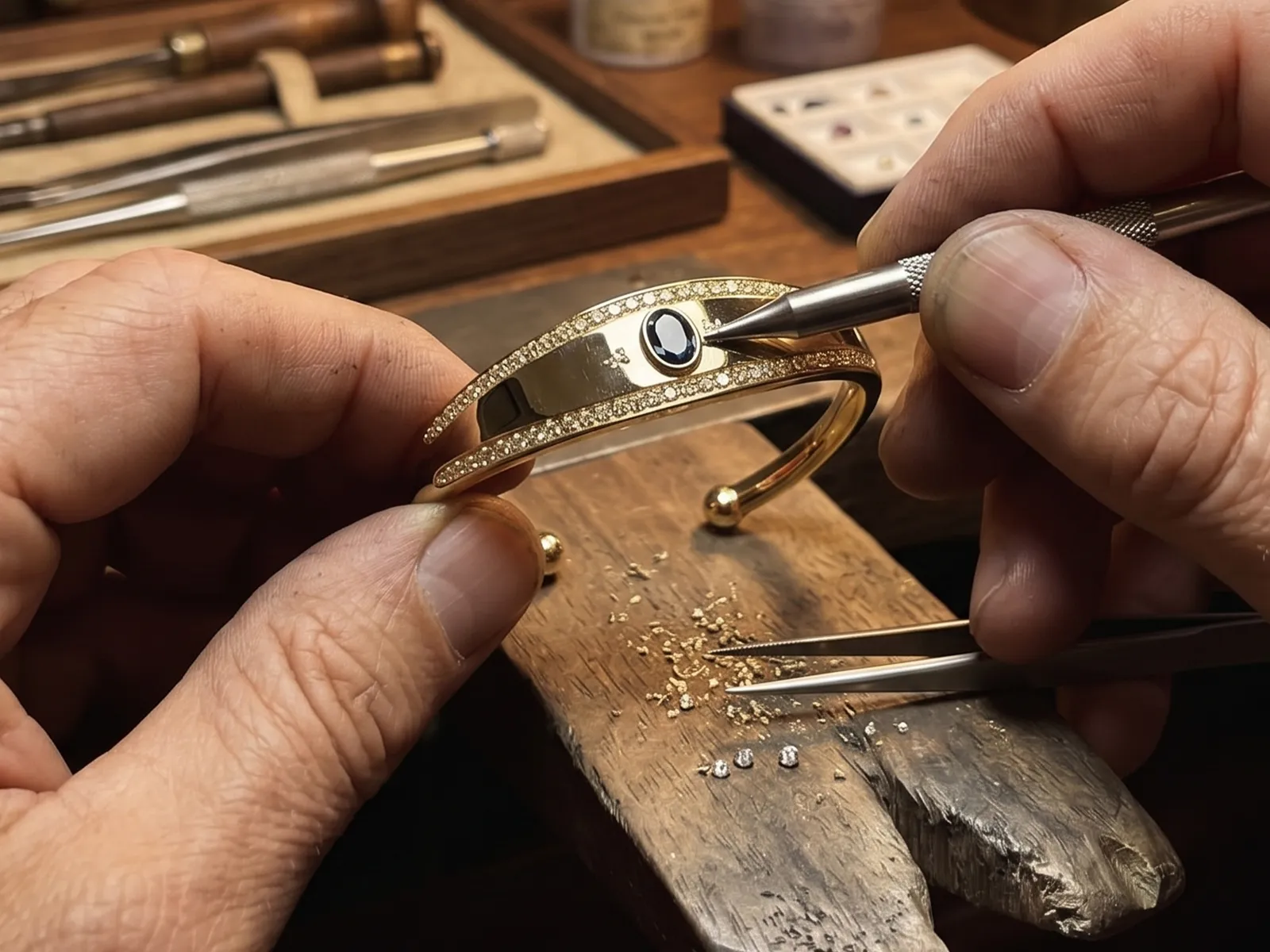 Jeweler setting a gemstone into a gold bracelet with tools on a workbench.