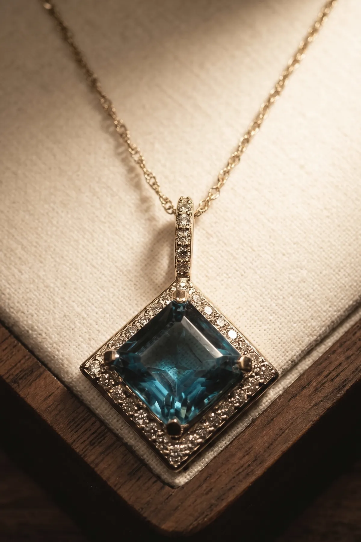 Gold necklace with a square blue gemstone pendant surrounded by small diamonds on display.