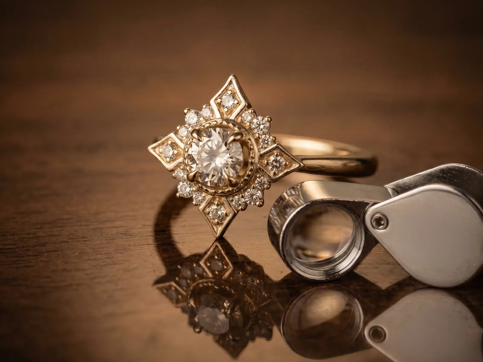 Ornate diamond ring with a magnifying loupe on a wooden surface.