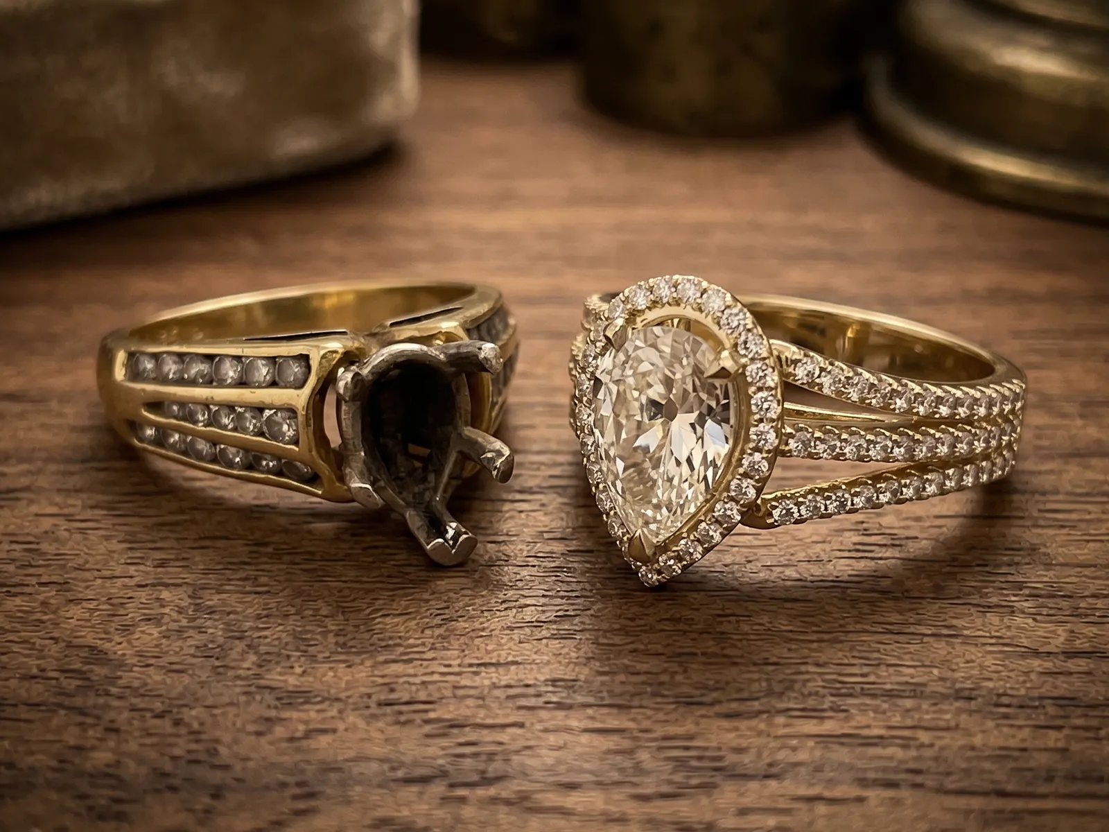 Custom engagement ring design with pear-shaped diamond at Marshall's Jewelers, Bellingham MA.
