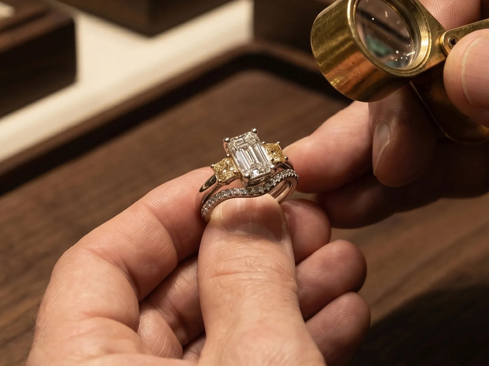 A jeweler examines a diamond ring with a magnifying glass at Marshall's Jewelers, Bellingham, MA.