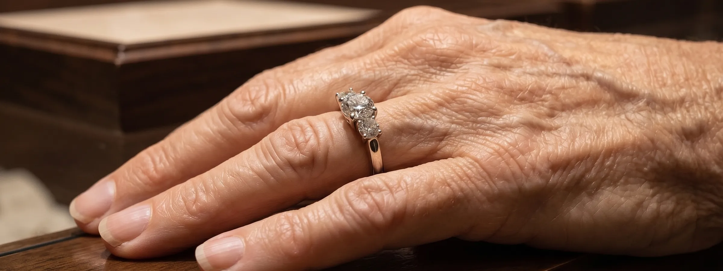 An elderly hand with a diamond ring rests on a wooden surface.