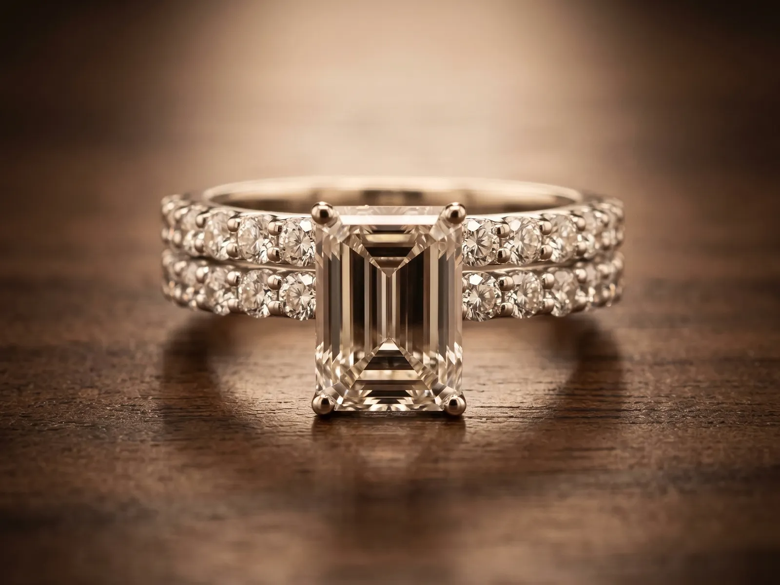 Custom engagement ring with emerald-cut diamond and double band on wood surface.