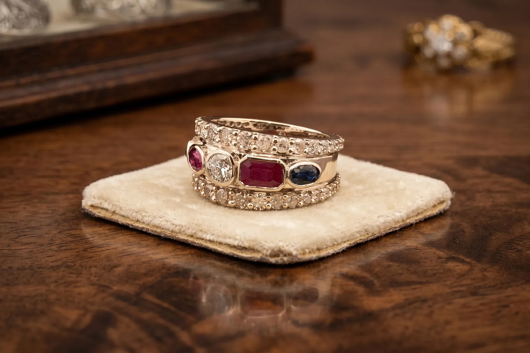 Gold ring with ruby, diamond, and sapphire stones on a cushion, displayed on a wooden surface.