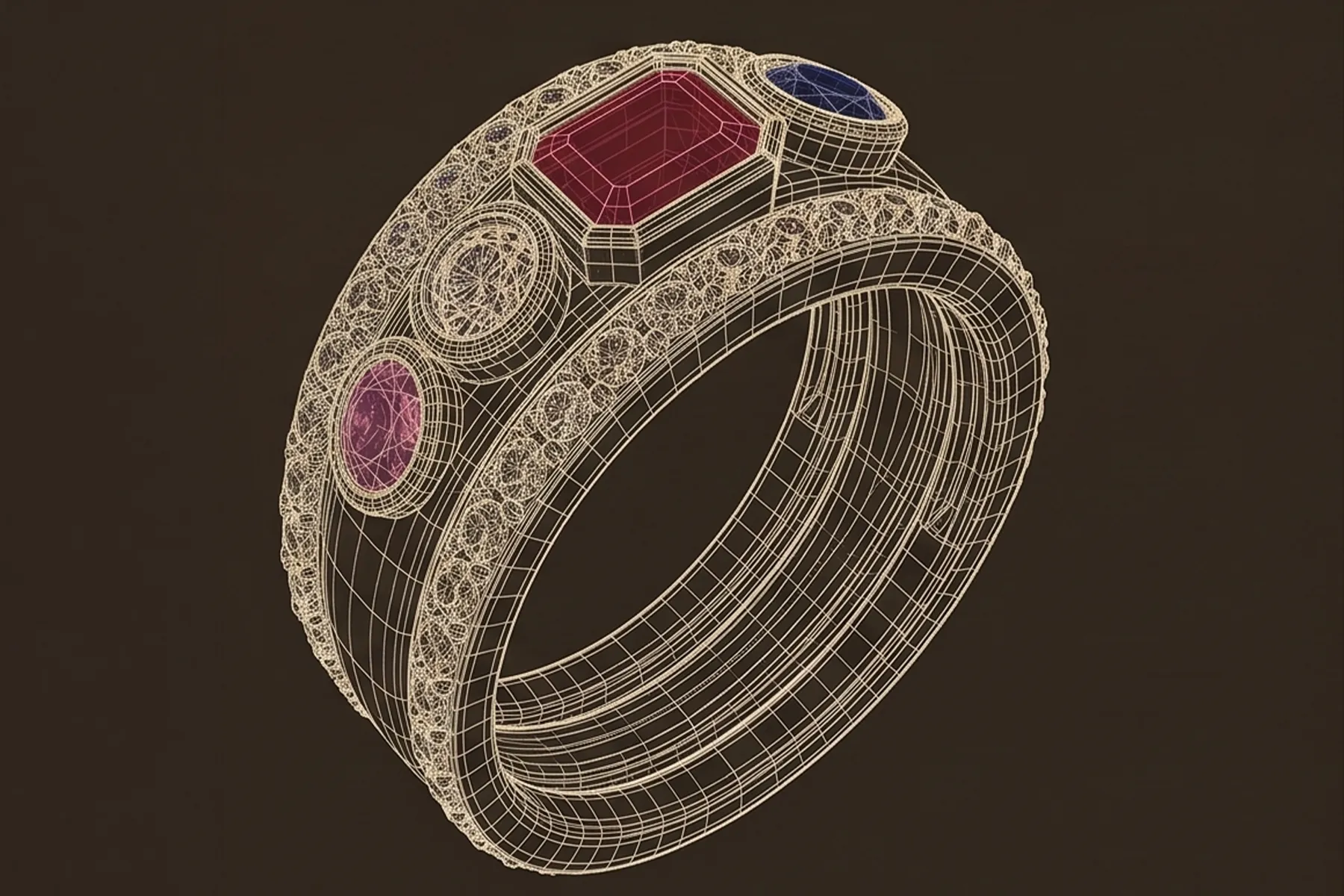 3D wireframe rendering of a custom ring design with colorful gemstones.