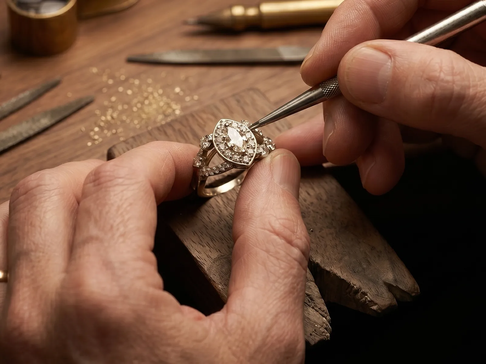 Jeweler working on a diamond ring with tools on a wooden bench.