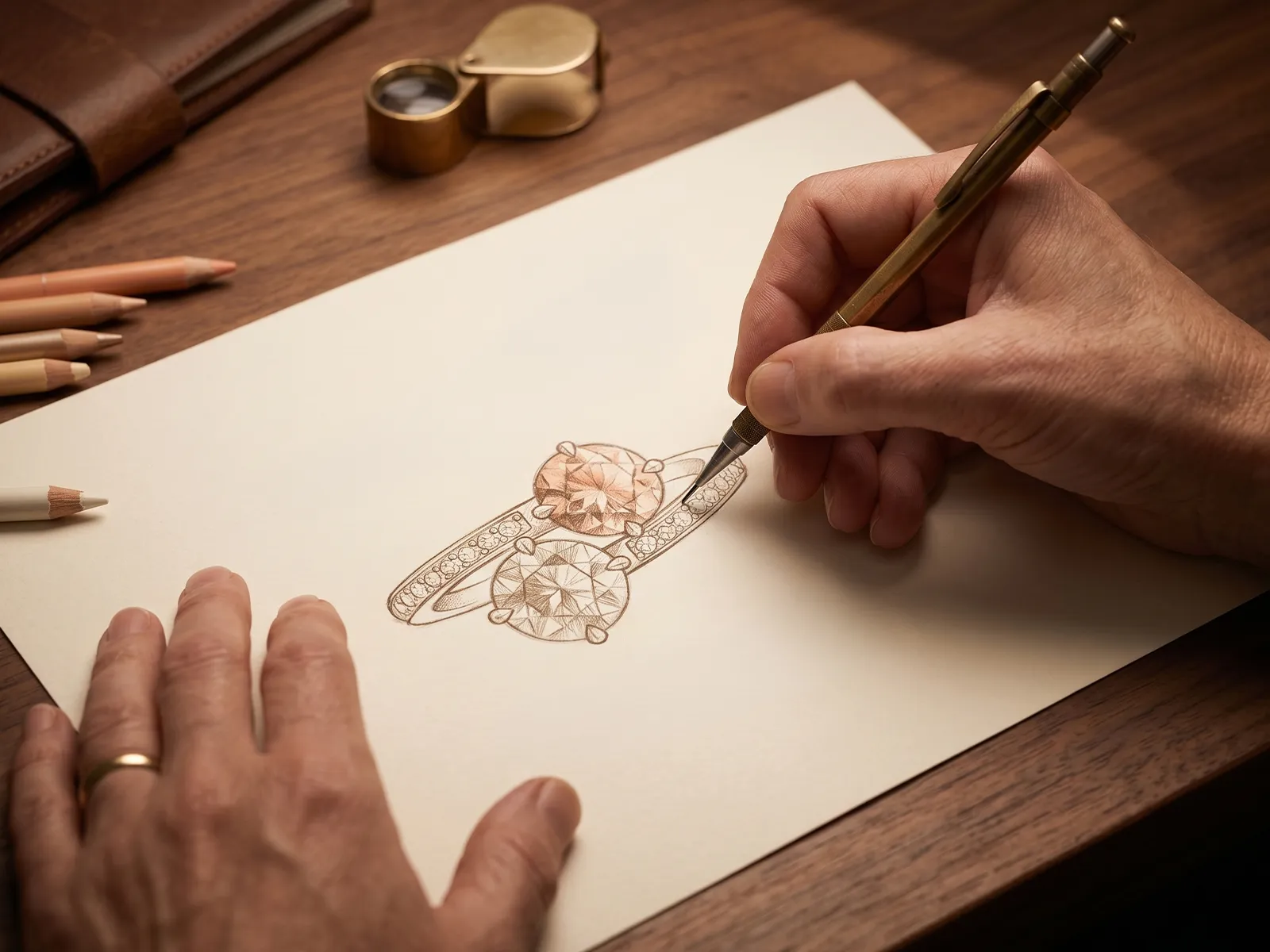 Hand sketching a detailed jewelry design on paper with colored pencils nearby.