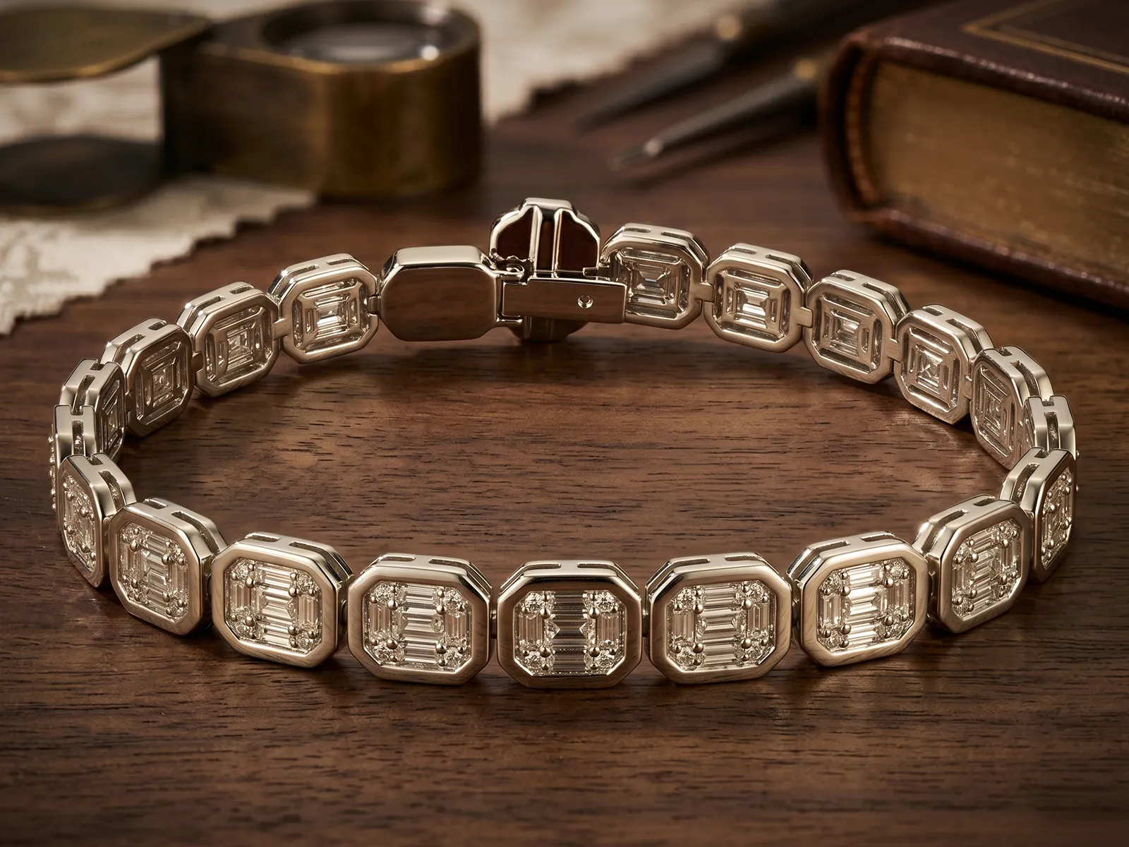 Elegant diamond bracelet on wooden surface at Marshall's Jewelers, Bellingham MA.